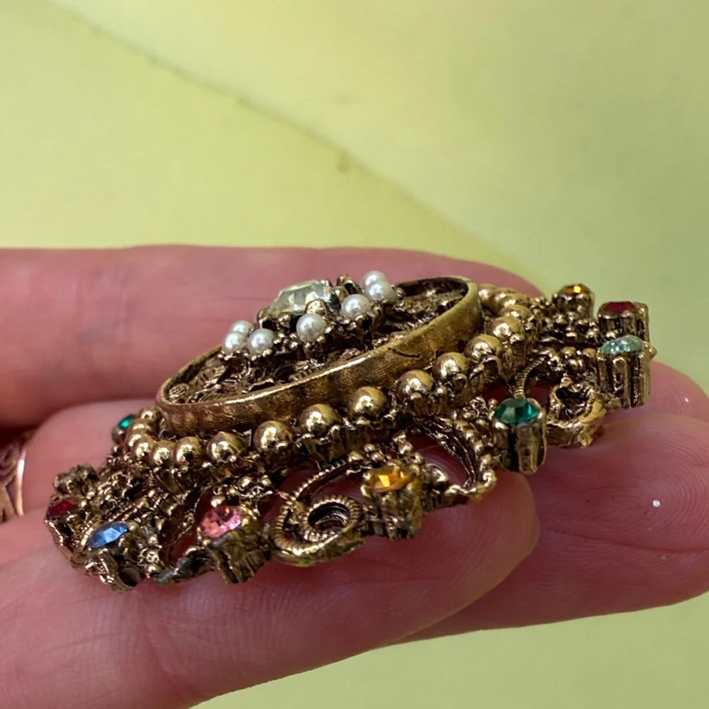 Vintage and Unique Large Gold Brooch with Multicolor Gems